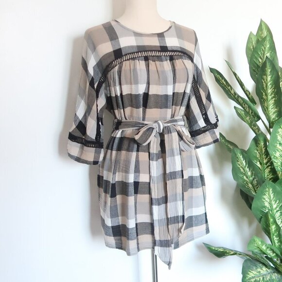 Anthropologie Maeve Buffalo Plaid Mini Dress / Kimono Tunic with Belt Tie Waist - Picture 11 of 16